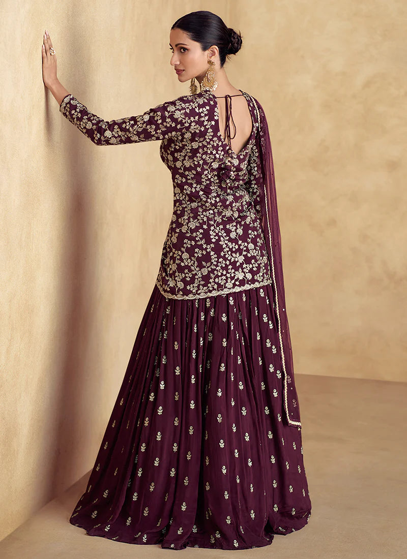 Maroon Golden Embroidery Party Wear Lehenga