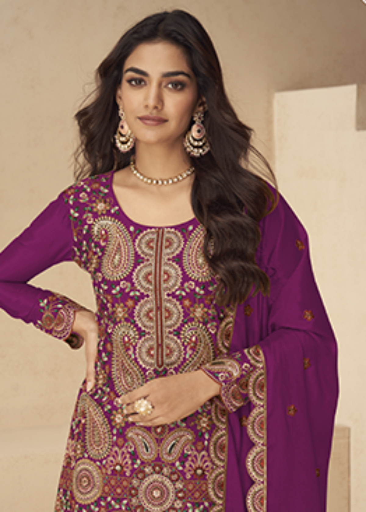 Maroon Chinon Embroidered Palazzo Suit-2025