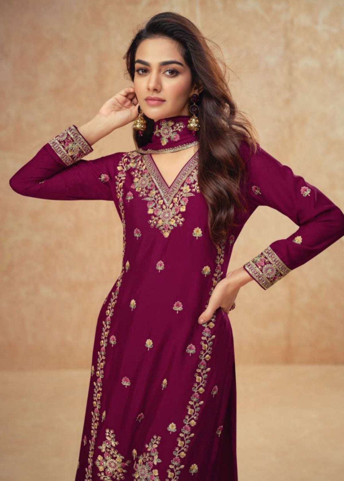 Maroon Multi Embroidery wedding palazzo suit