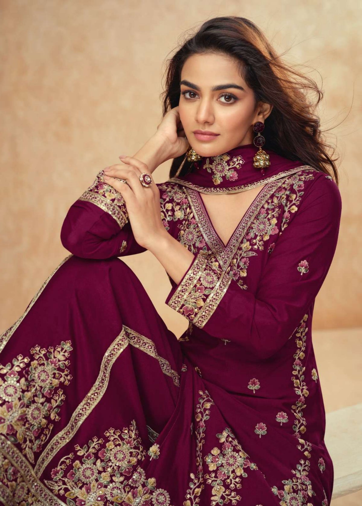 Maroon Multi Embroidery wedding palazzo suit