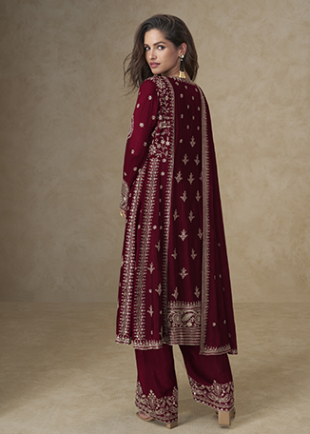 Maroon Zari Embroidered Chinon Silk Suit-2025