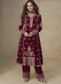 Maroon Zari Embroidered Chinon Silk Suit