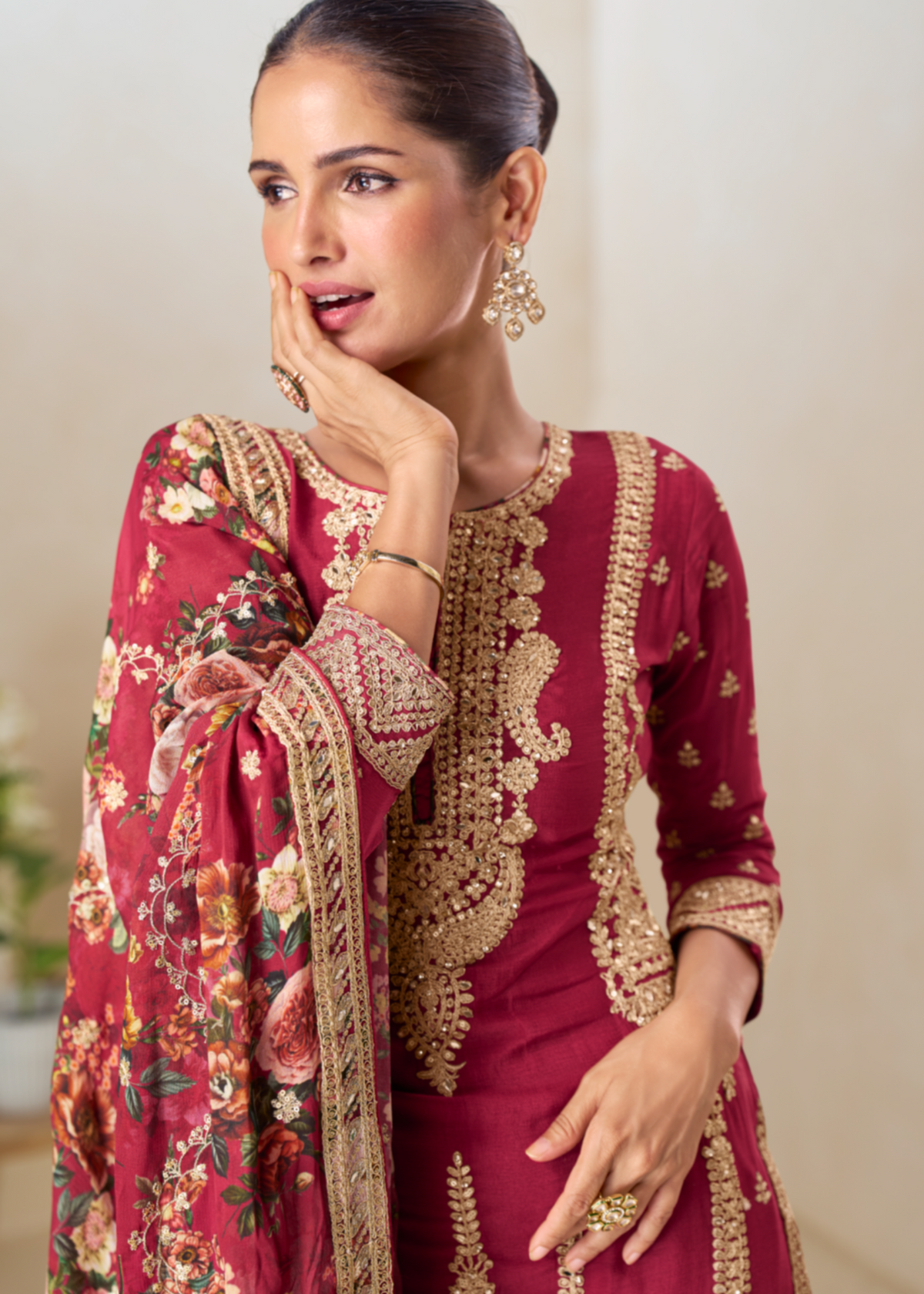 Maroon Zari Embroidered Floral Printed Suit