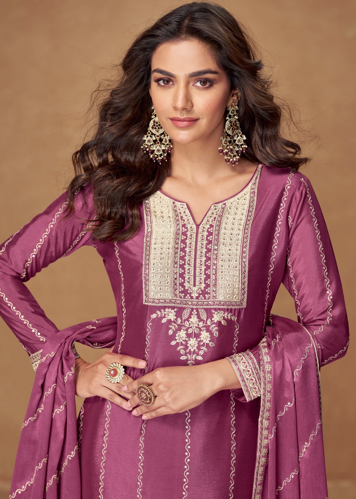 Buy Mauve Purple Embroidered palazzo Suit 