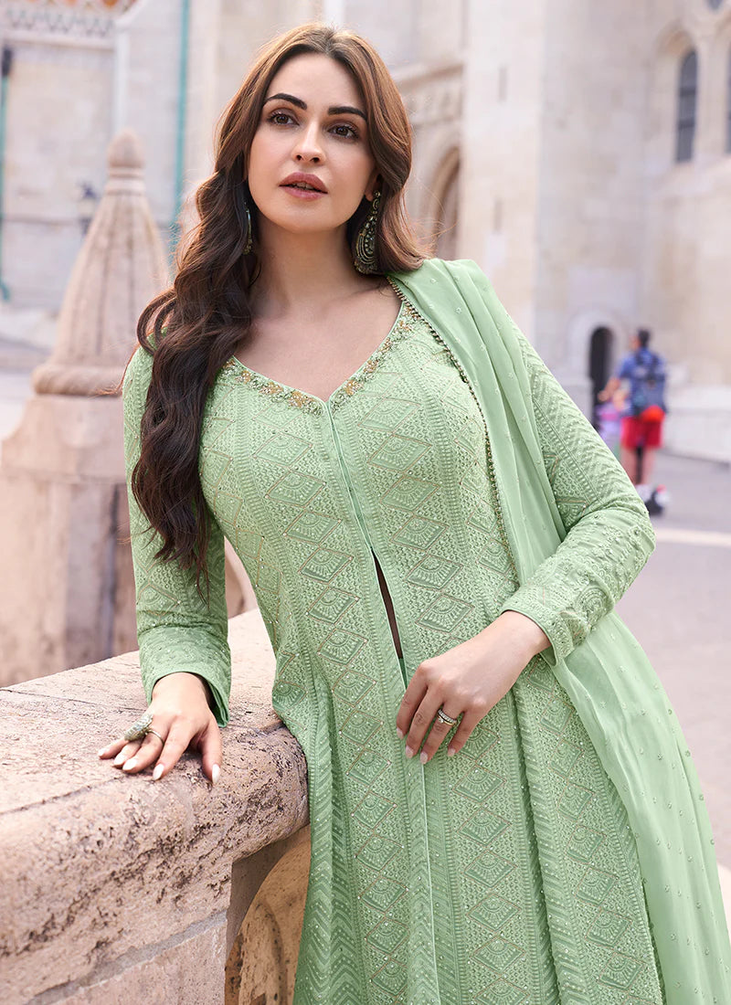 Mint Green Lucknowi Embroidery Slit Style Anarkali Suit