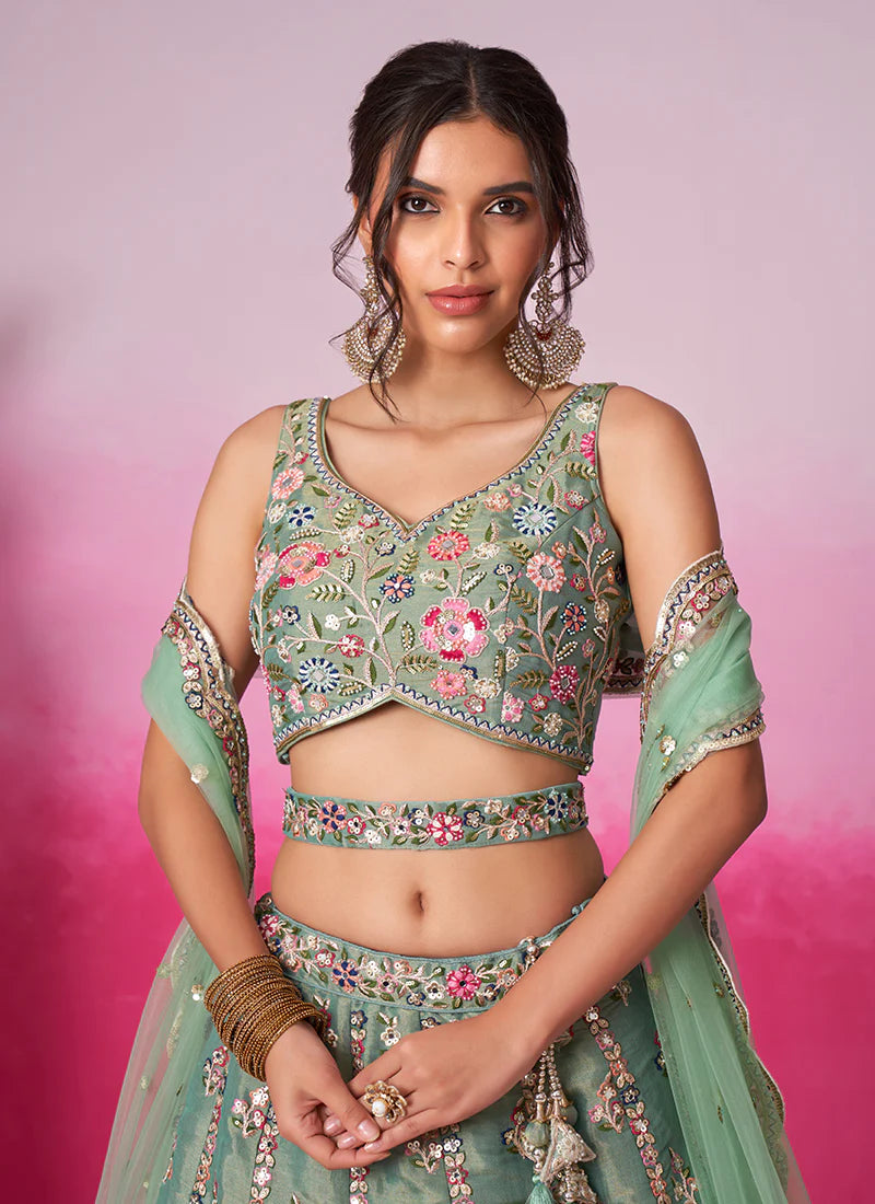 Mint Green Multi Embroidery Wedding Lehenga Choli