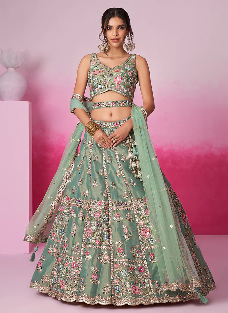 Mint Green Multi Embroidery Wedding Lehenga Choli