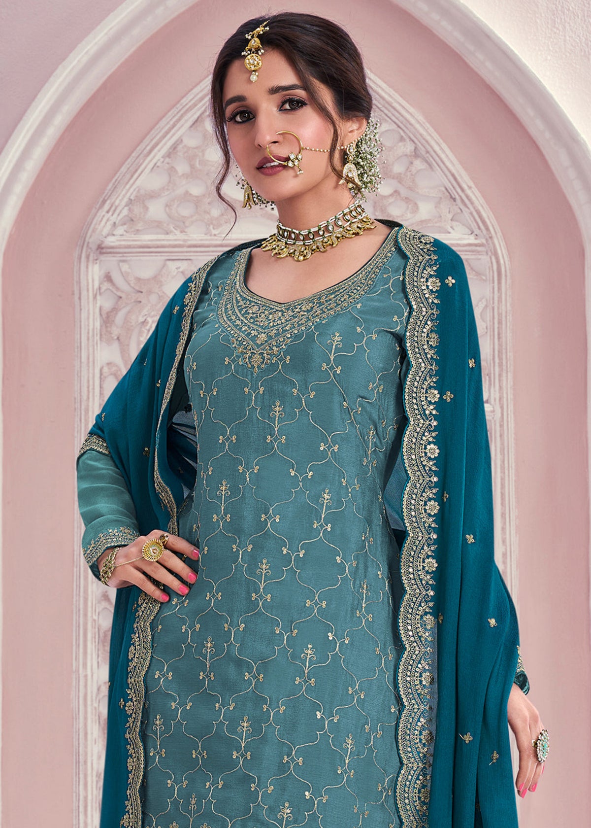 Mist Blue chinnon silk Embroidered  Sharara Suit 