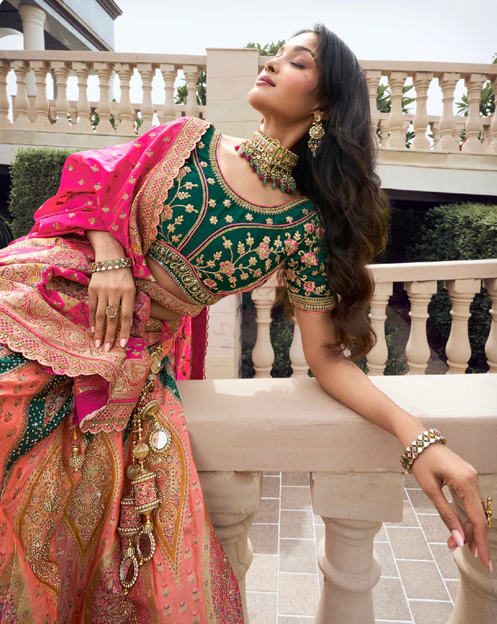 Multicolor Banarasi Silk bridal lehenga