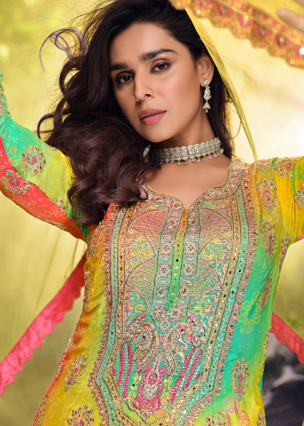 Multicolored Chinon Silk Sharara Suit 