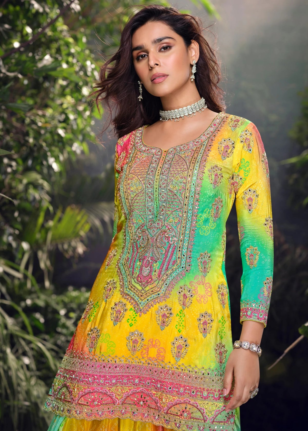 Multicolored Chinon Silk Sharara Suit 
