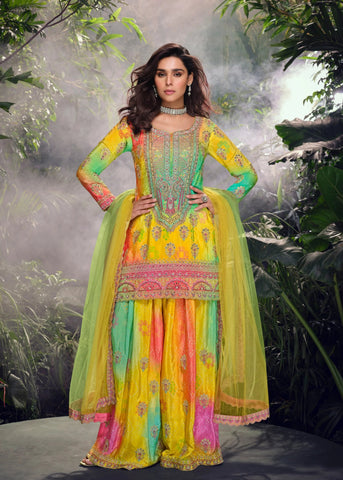 Multicolored Chinon Silk Sharara Suit 