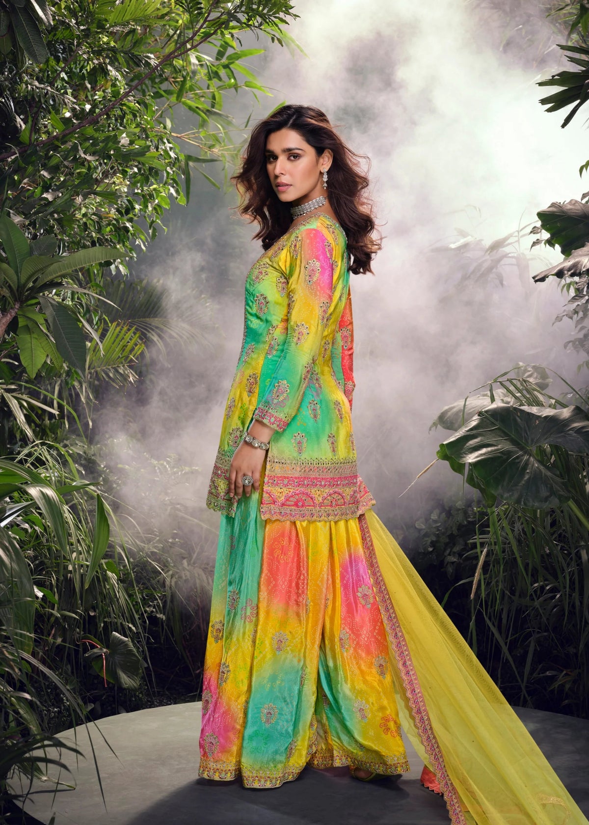 Multicolored Chinon Silk Sharara Suit 