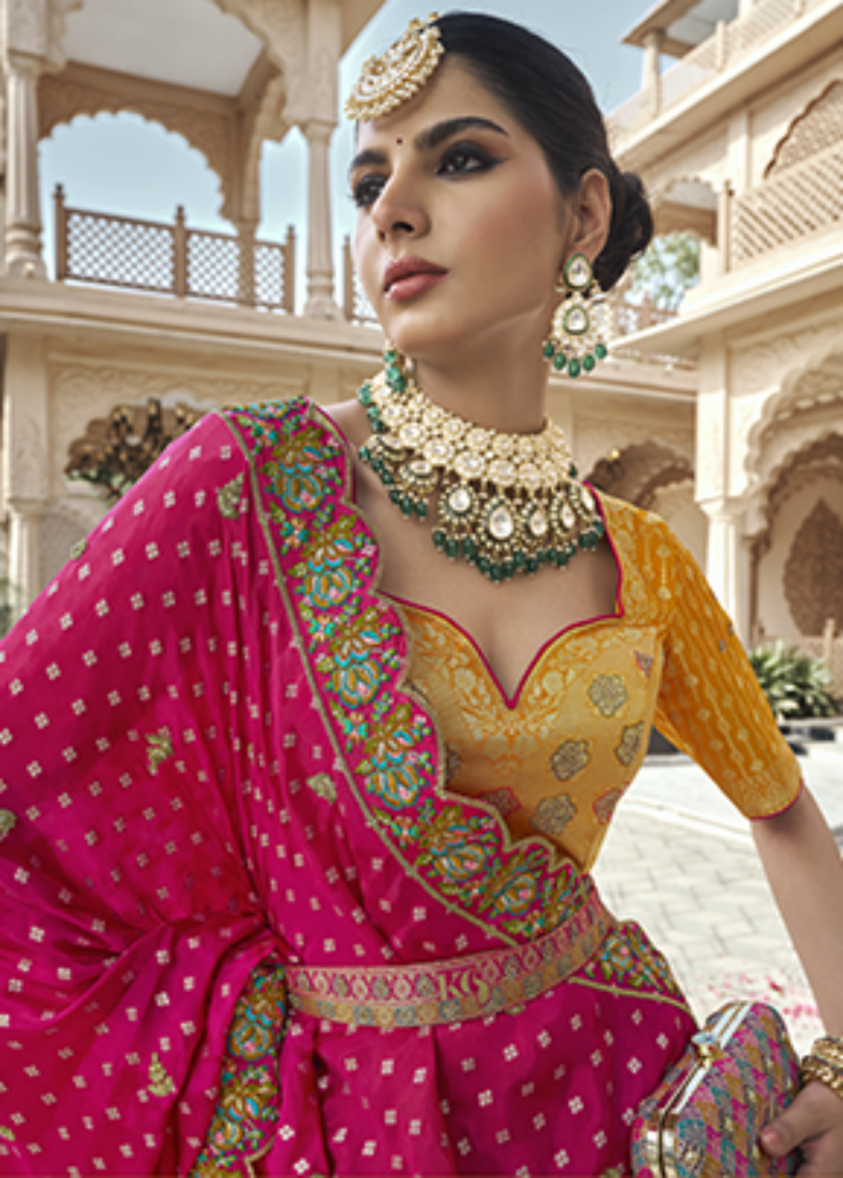 Mustard Mix Color Enchanting Zarkan Banarasi Silk Lehenga.