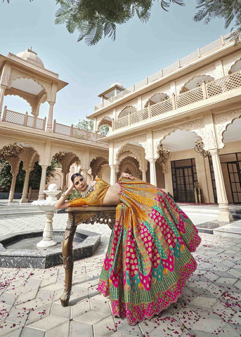 Mustard Mix Color Enchanting Zarkan Banarasi Silk Lehenga.
