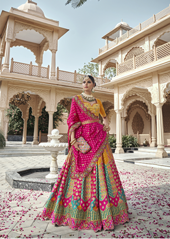Mustard Mix Color Enchanting Zarkan Banarasi Silk Lehenga