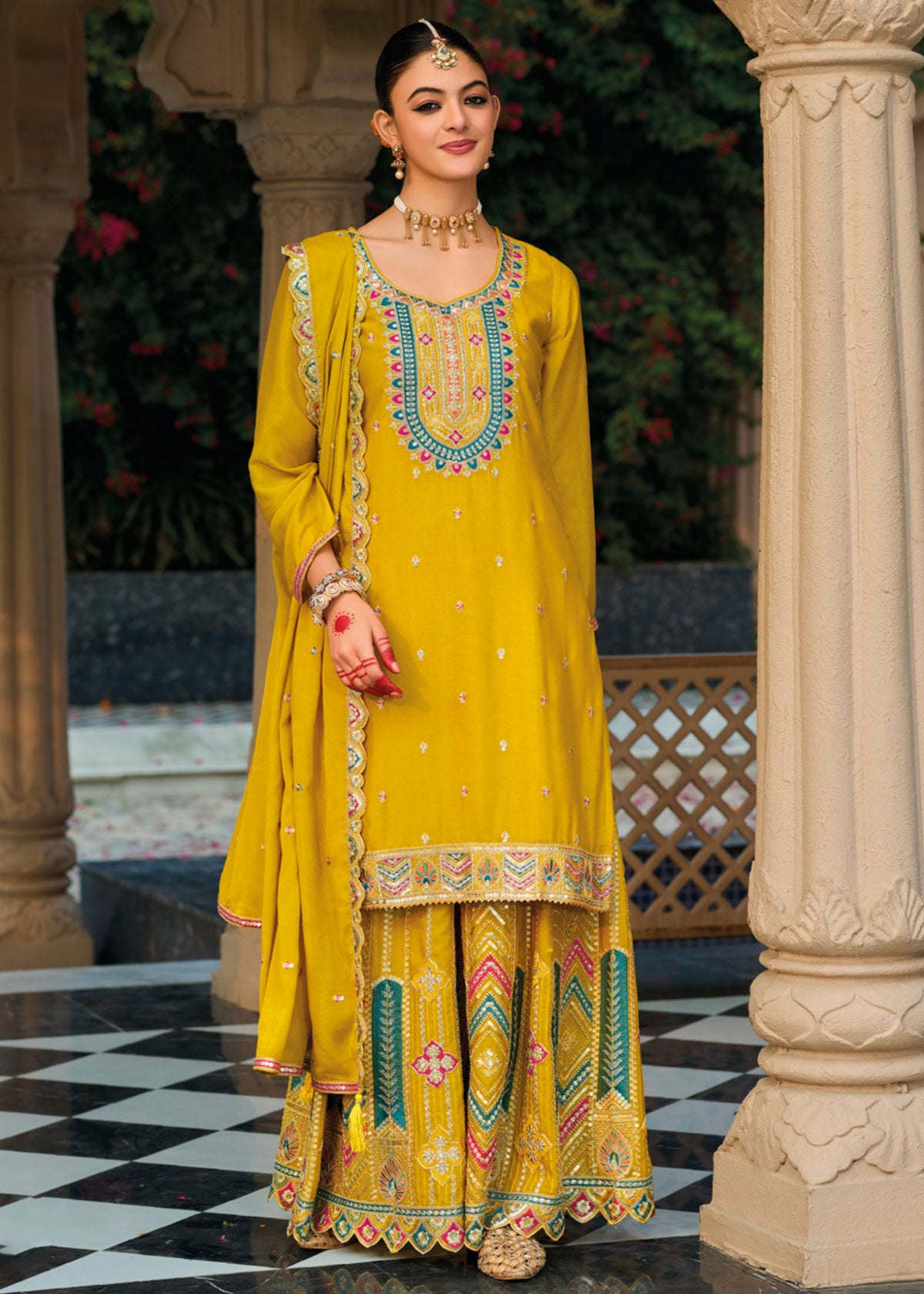 Mustard Multi Embroidery Palazzo Suit