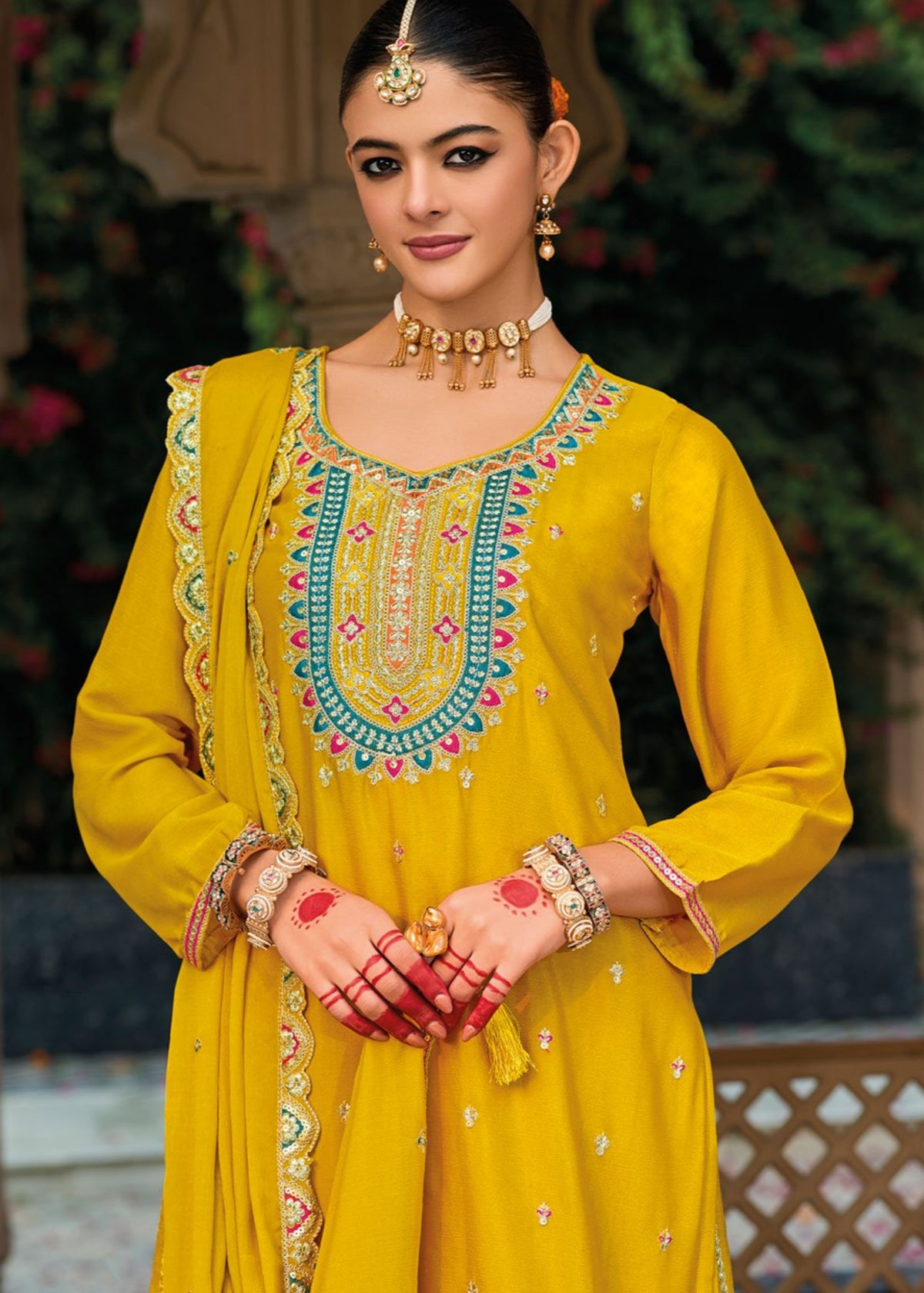 Mustard Multi Embroidery Palazzo Suit