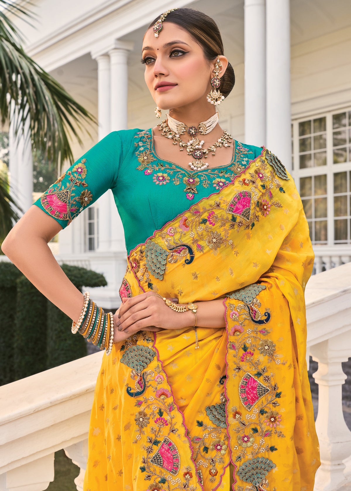 Buy Mustard Yellow And Teal Embroidered Saree