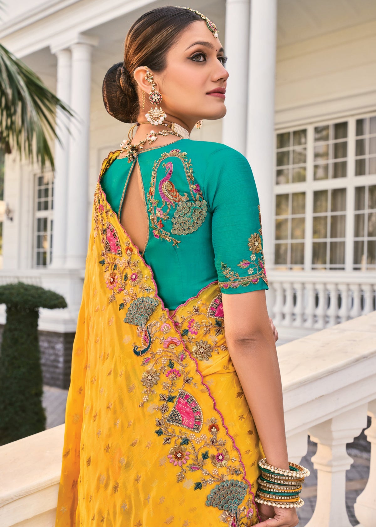 Buy Mustard Yellow And Teal Embroidered Saree