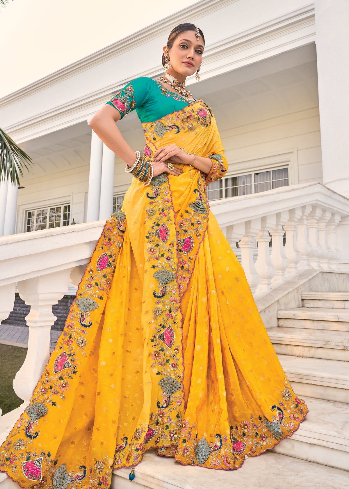 Buy Mustard Yellow And Teal Embroidered Saree