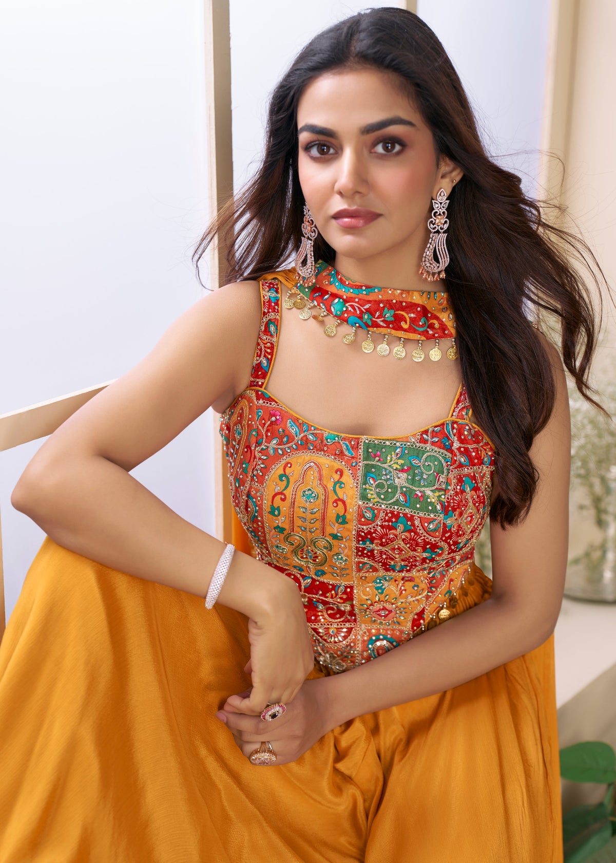 Mustard Yellow Embroidery Co-Ord Palazzo Set