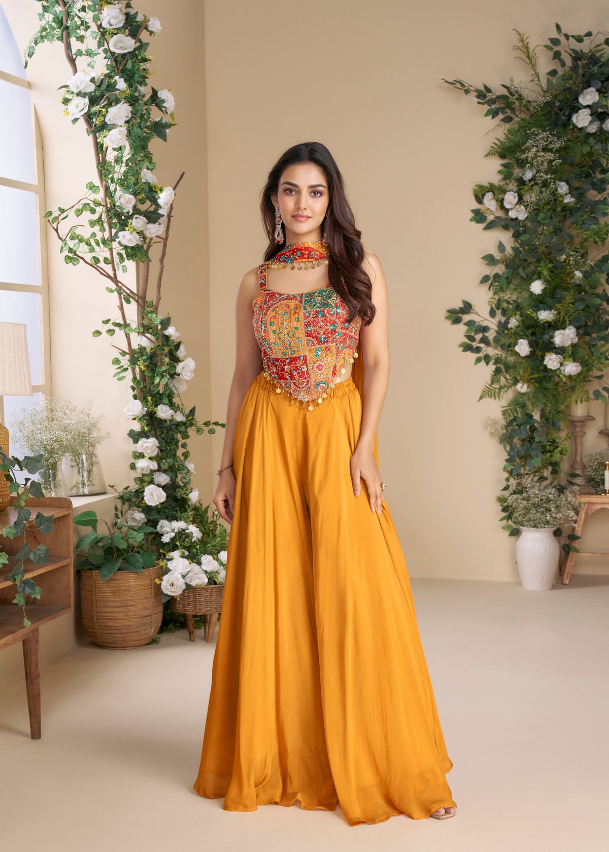 Buy Mustard Yellow Embroidery Co-Ord Palazzo Set
