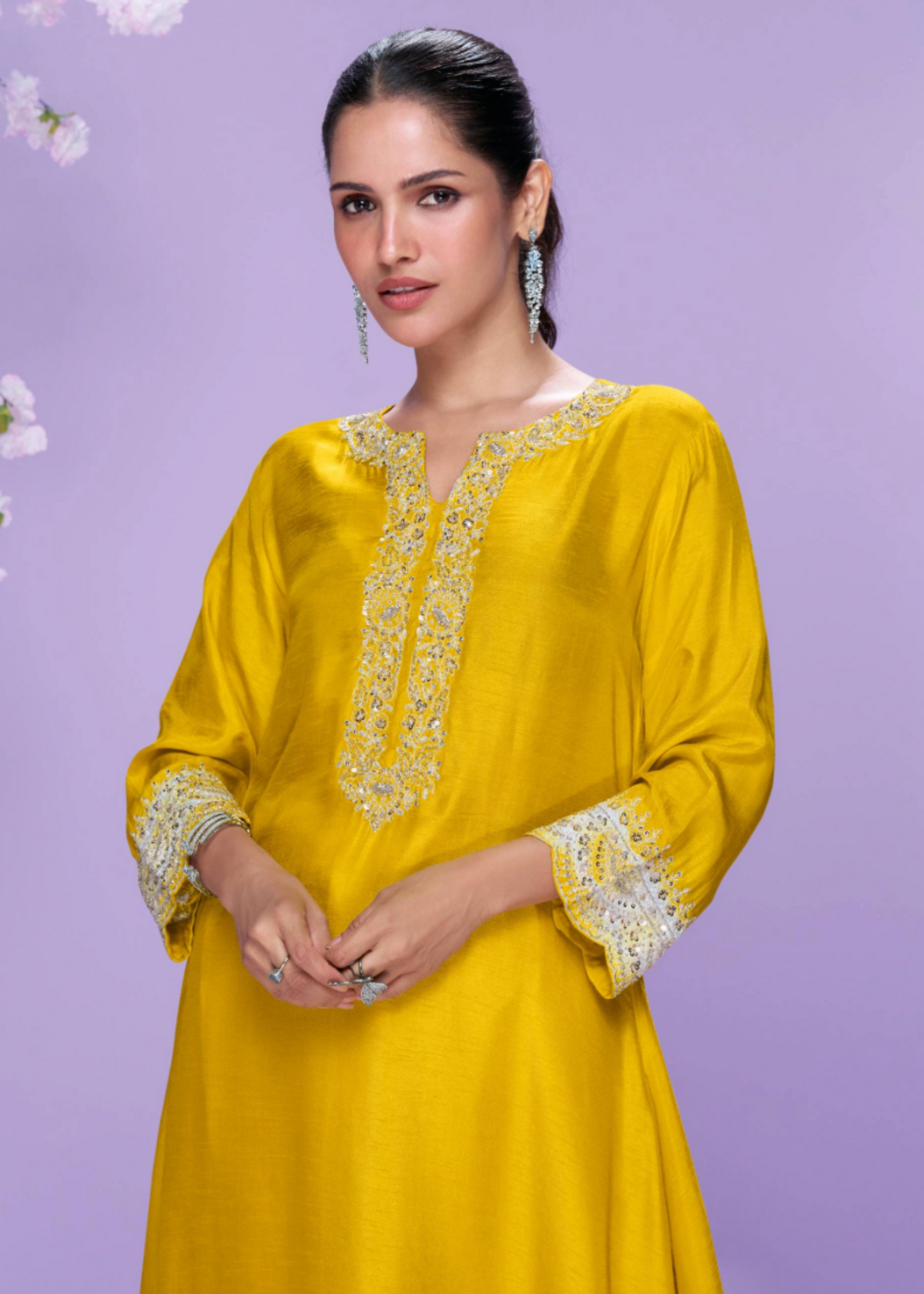 Mustard Yellow Mirror and Sequence Embroidered Kurta-2025