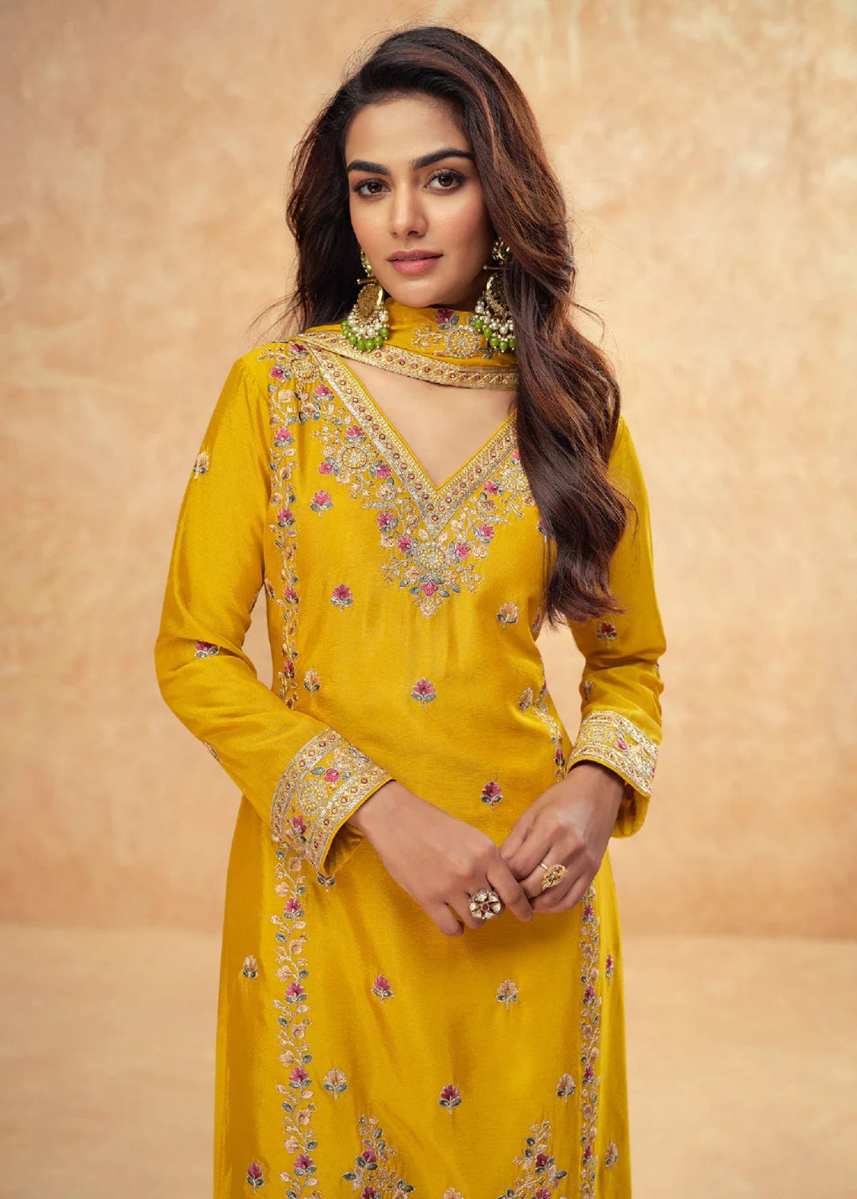 Mustard Yellow Multi Embroidery wedding palazzo suit