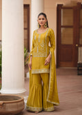 Mustard Yellow Silk Satin Embroidered Sharara Suit