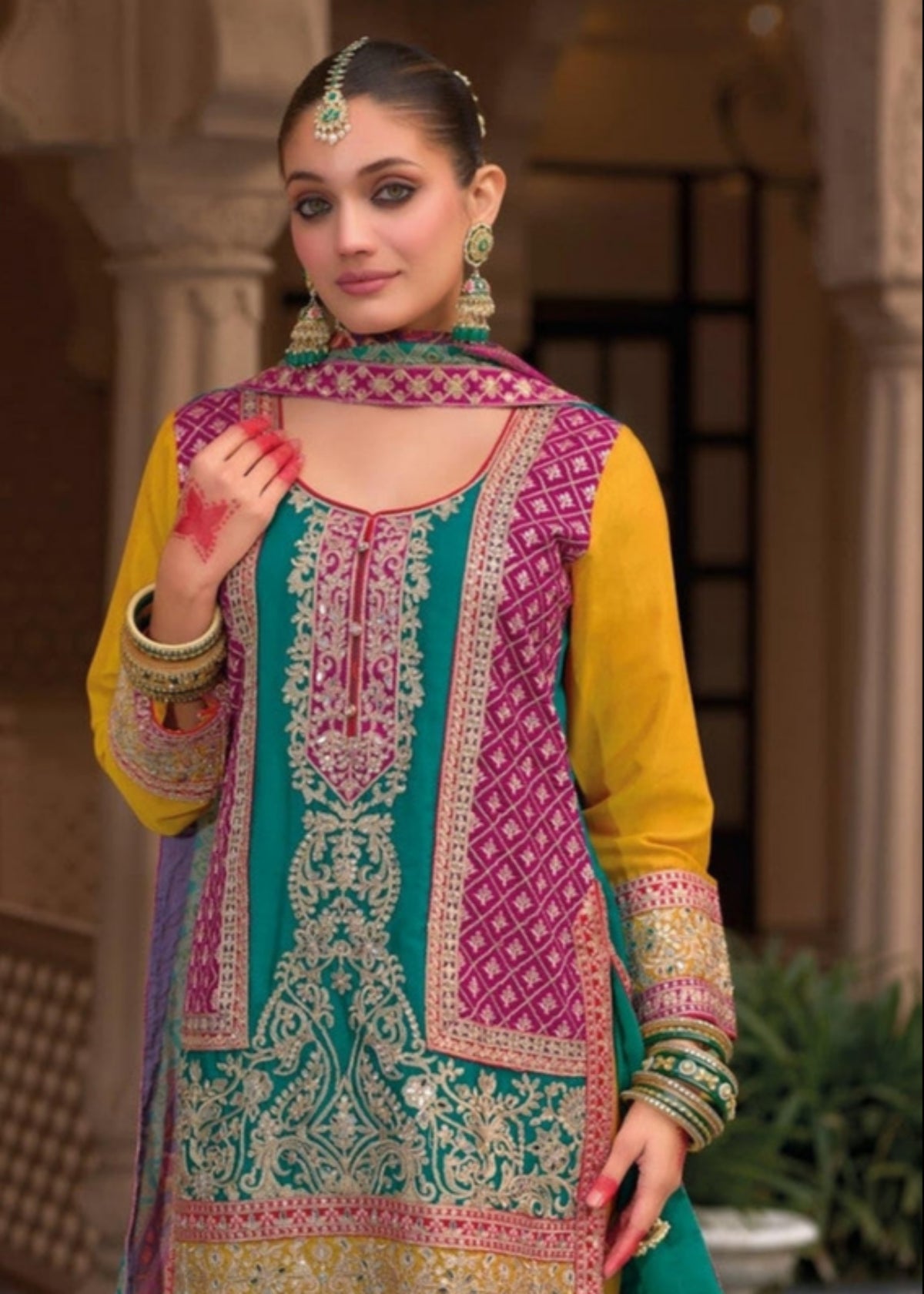 Buy Mustard Yellow and Teal Embroidered Palazzo Suit
