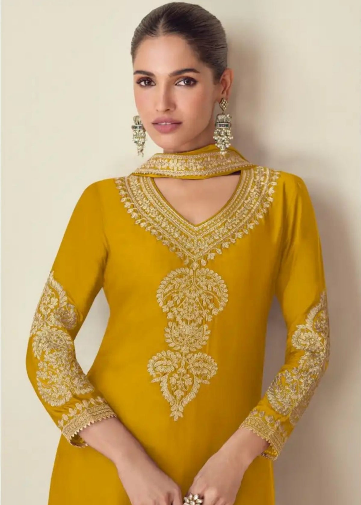 Mustard yellow Chinnon silk salwar suit 