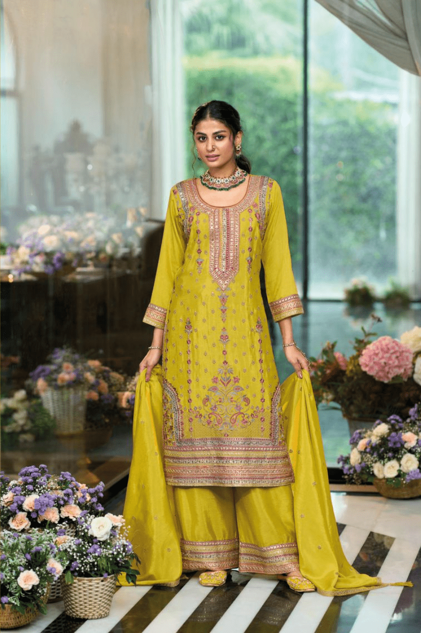 Mustard yellow multi embroidery palazzo suit