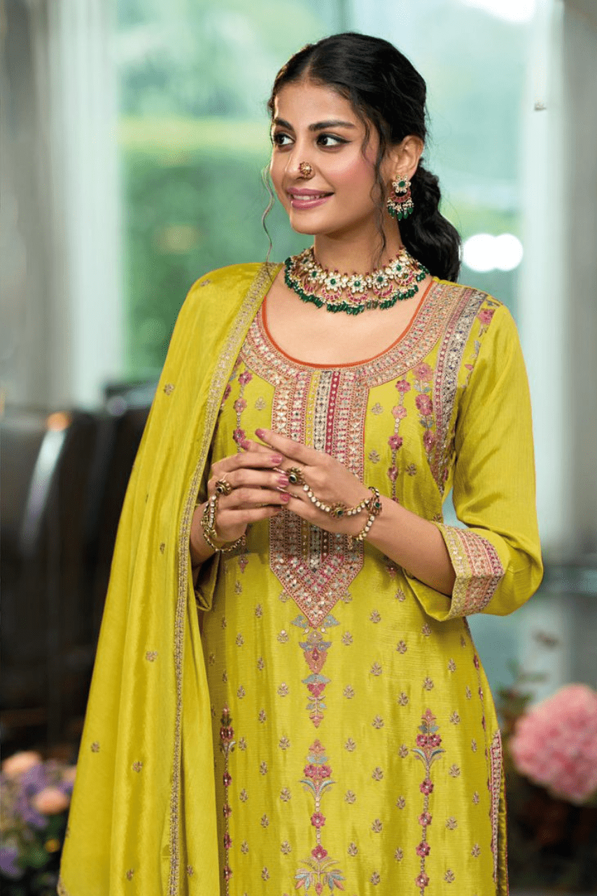 Mustard yellow multi embroidery palazzo suit