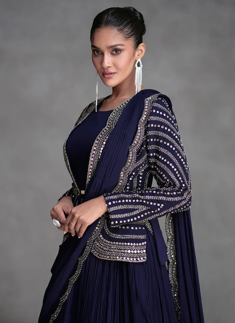 Navy Blue Embellished Saree Gown with Jacket