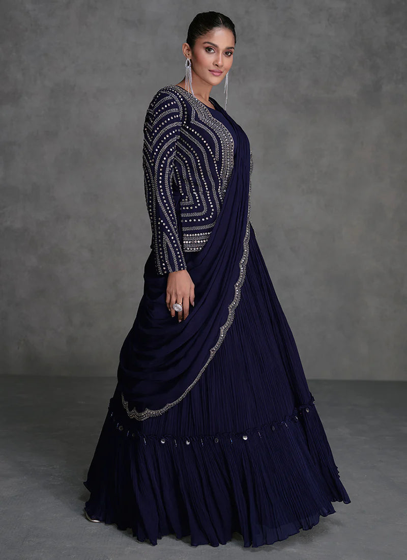 Navy Blue Embellished Saree Gown with Jacket