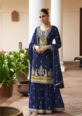 Navy Blue Chinon Silk Gharara Suit