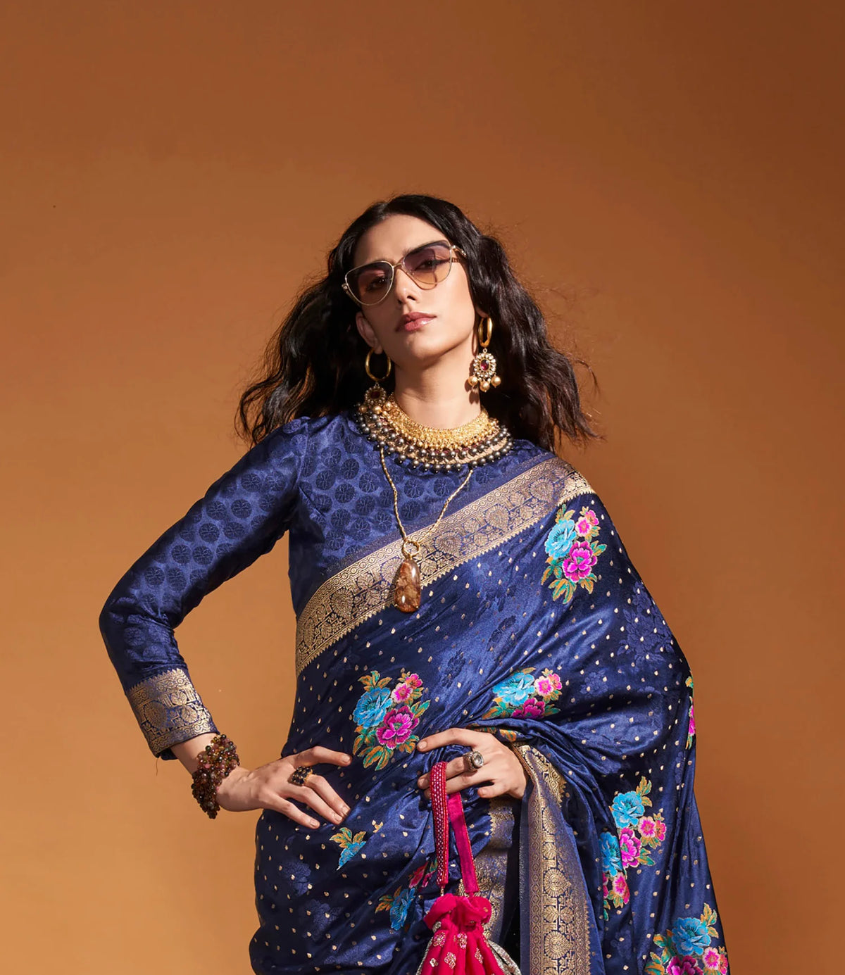 Navy Blue Floral Printed Satin Silk Saree
