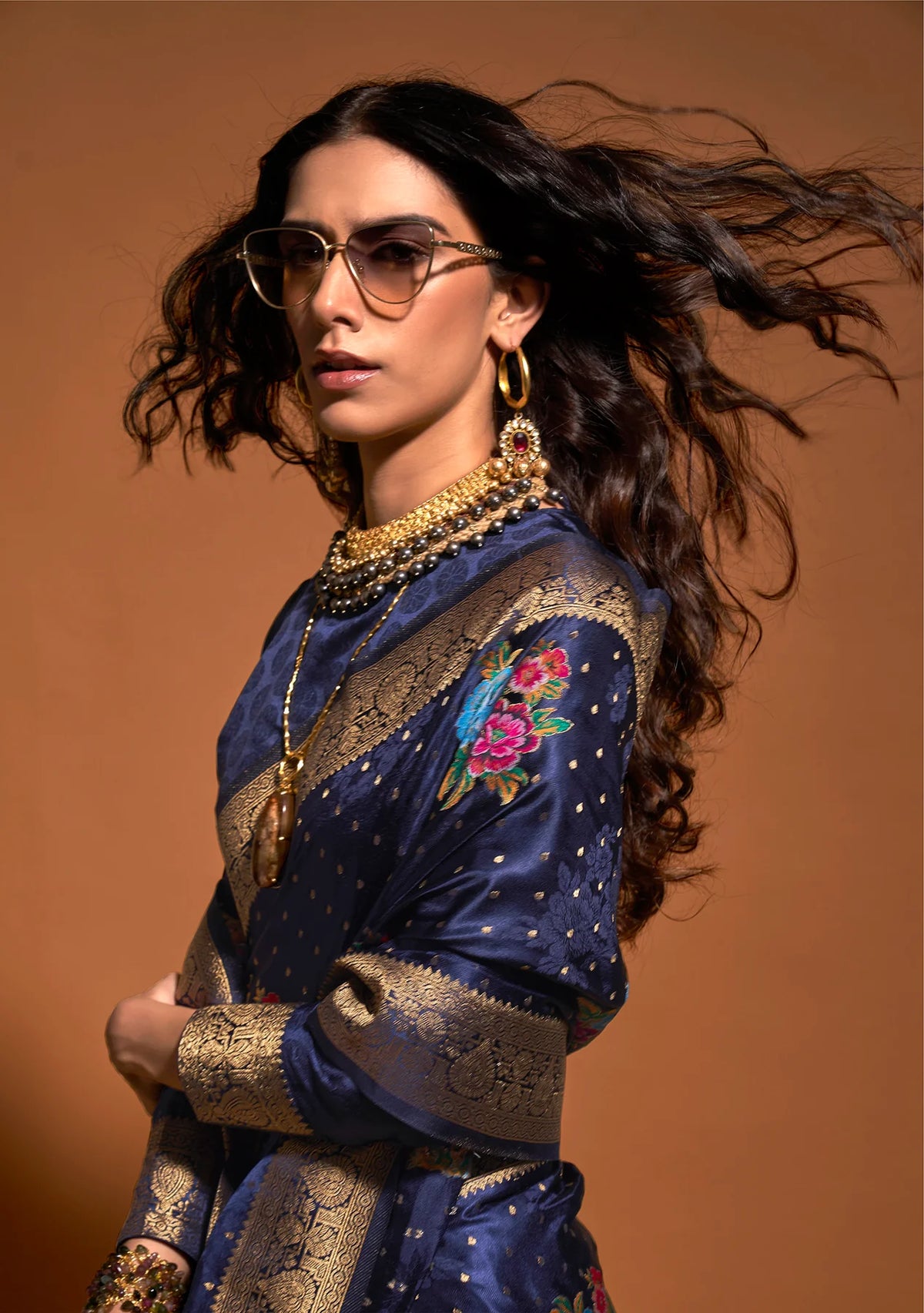 Navy Blue Floral Printed Satin Silk Saree