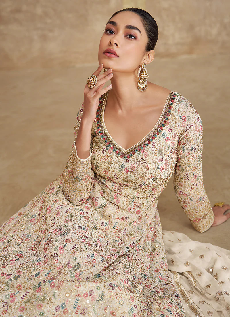 Off White Embroidery Festive Anarkali Gown Dress