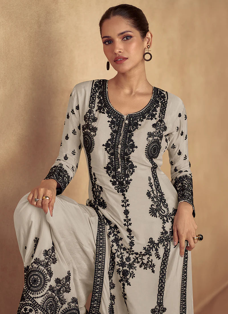 Off White Thread Embroidery Traditional Palazzo Suit