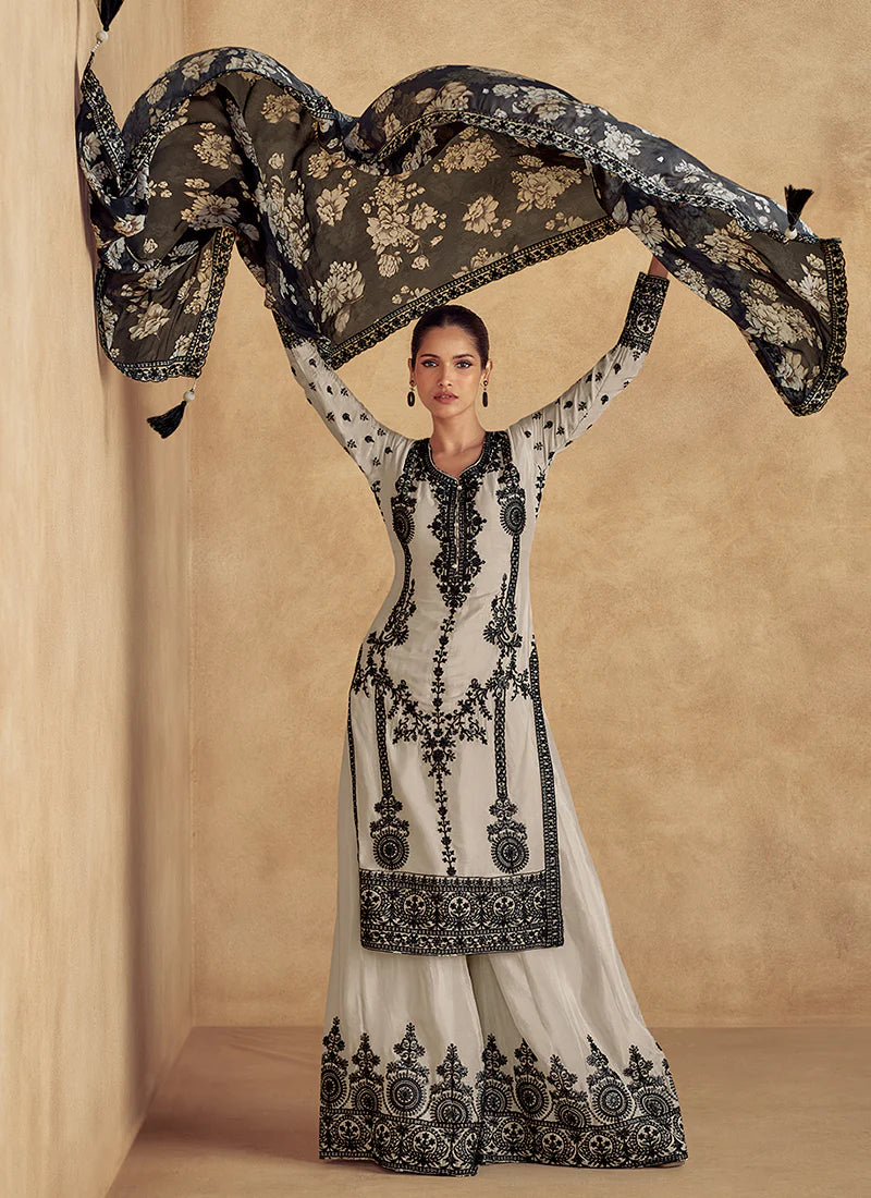 Off White Thread Embroidery Traditional Palazzo Suit