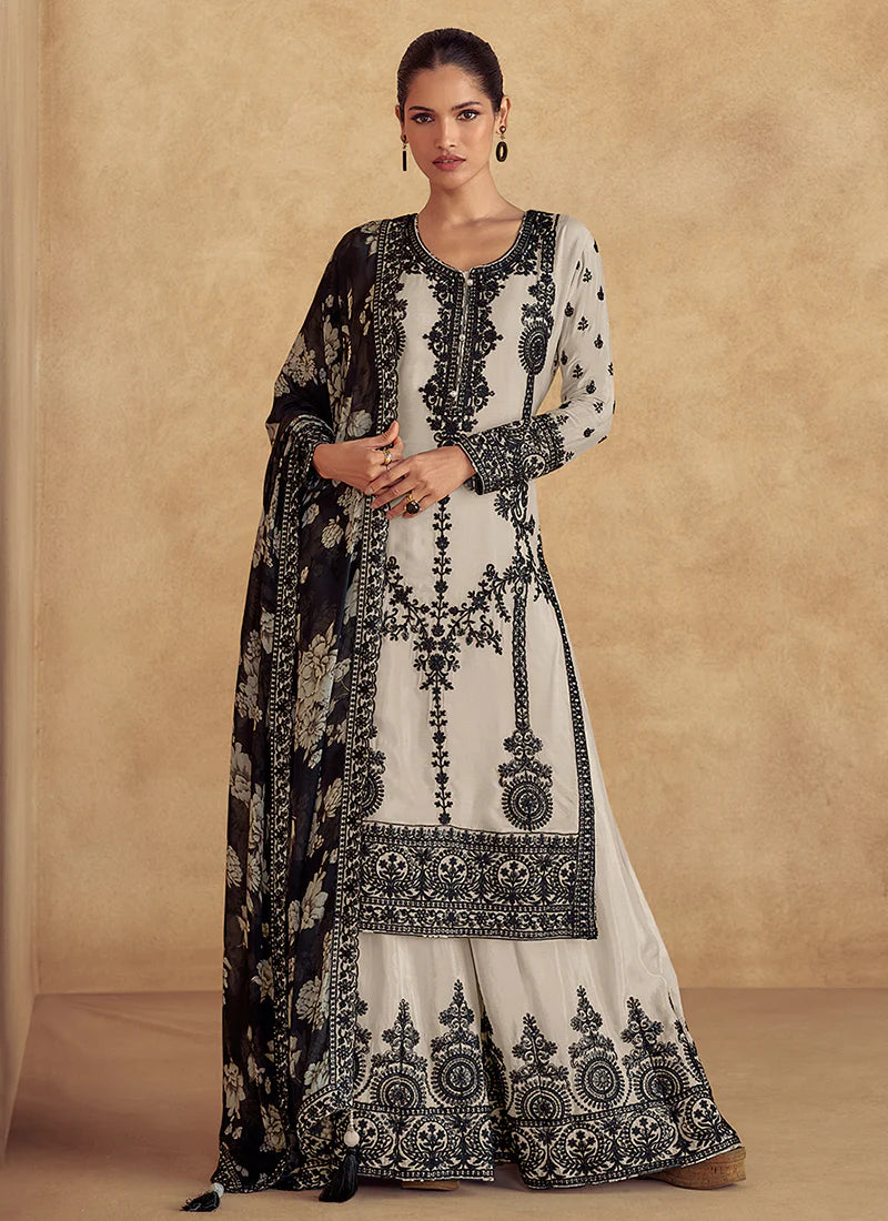 Off White Thread Embroidery Traditional Palazzo Suit