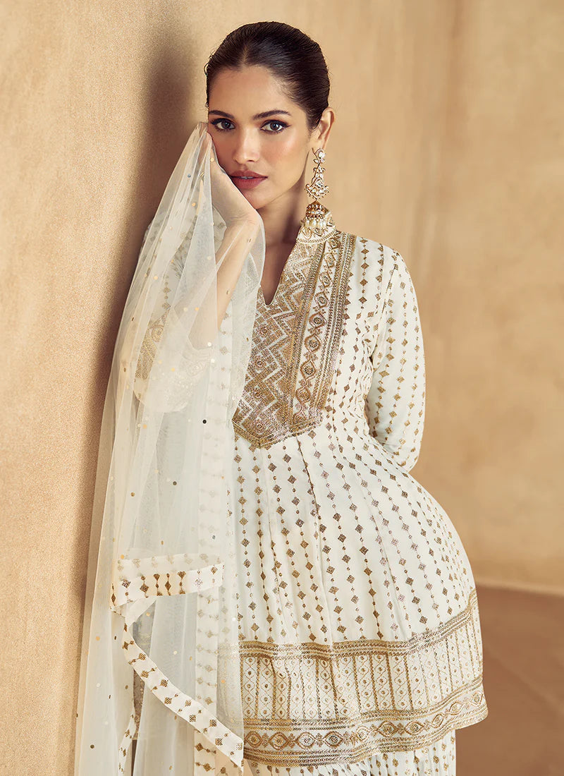 Off White Traditional Embroidery Peplum Style Gharara Suit