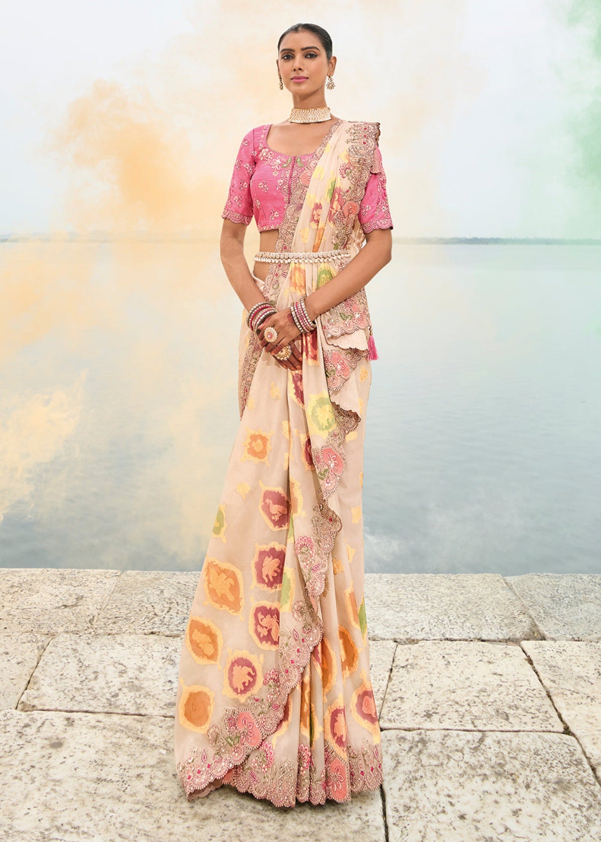 Off White and pink Multi Embroidery Saree