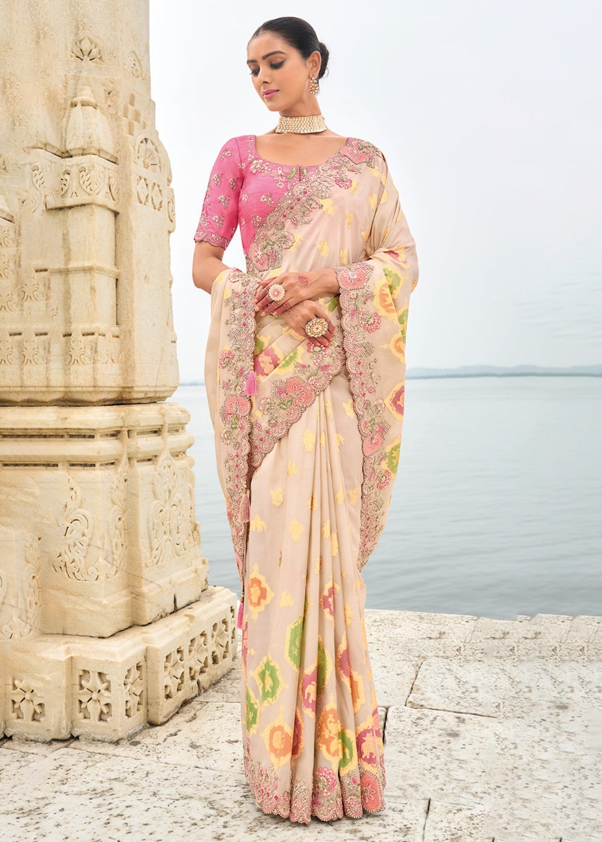 Off White and pink Multi Embroidery Saree