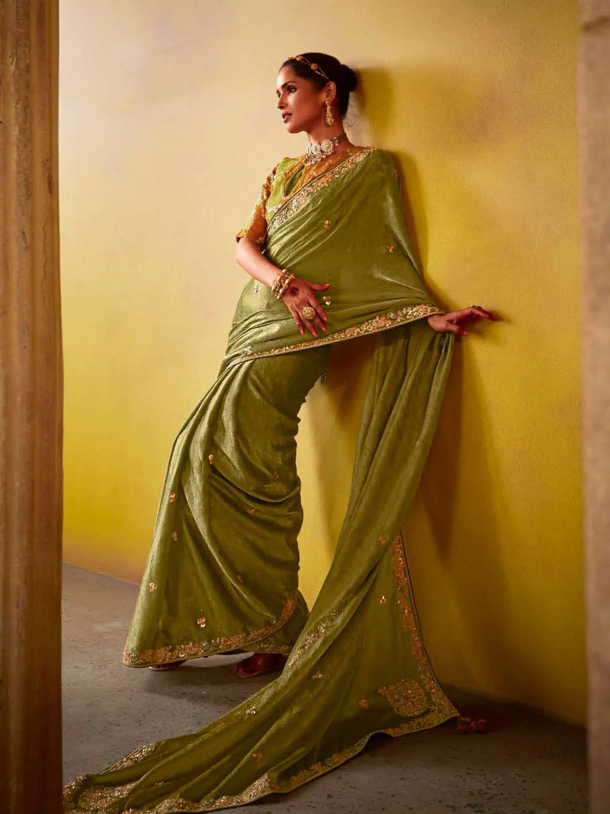 Olive Green And Mustard Multi Embroidery Silk Saree