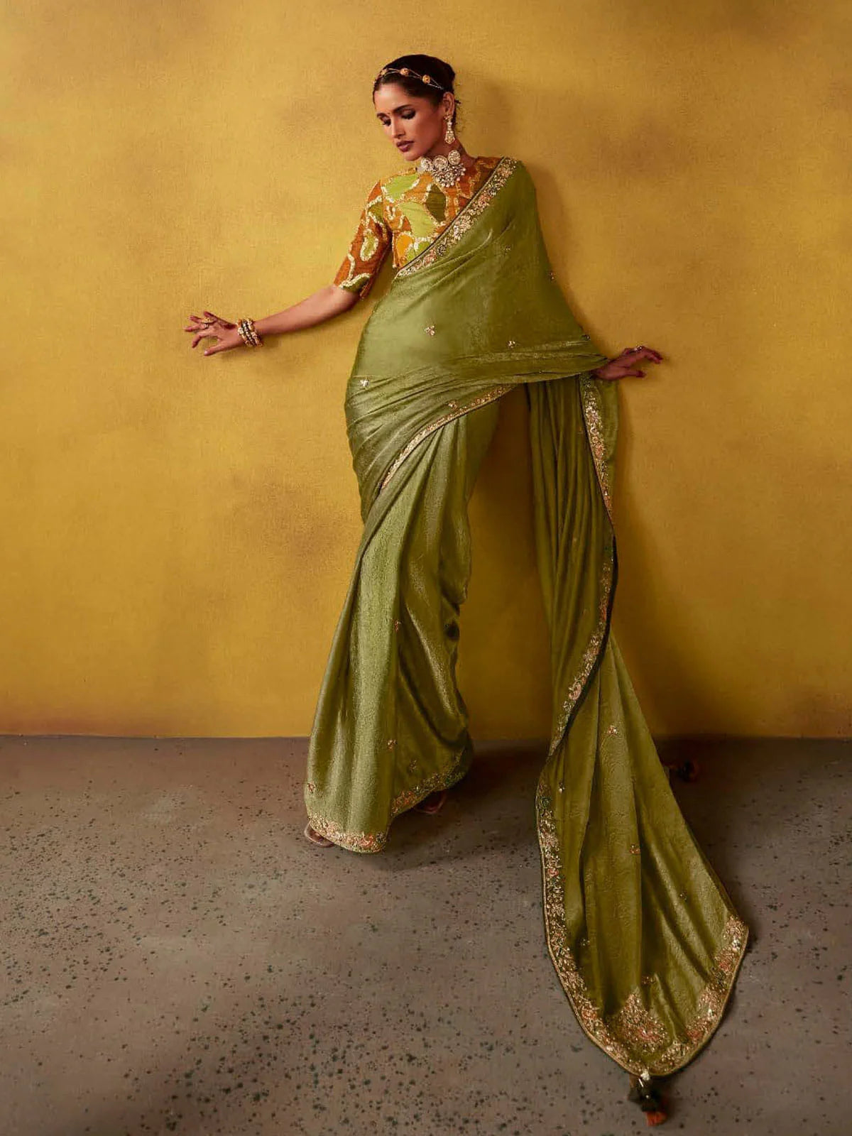 Olive Green And Mustard Multi Embroidery Silk Saree