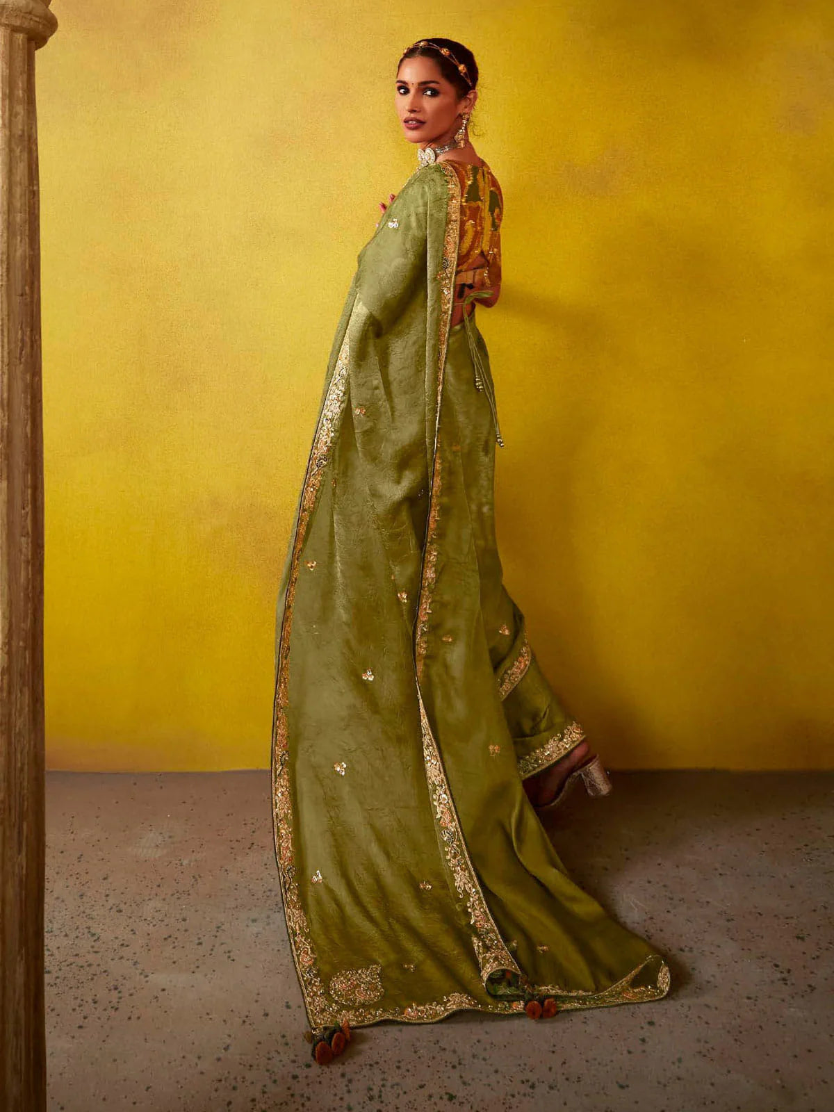 Olive Green And Mustard Multi Embroidery Silk Saree