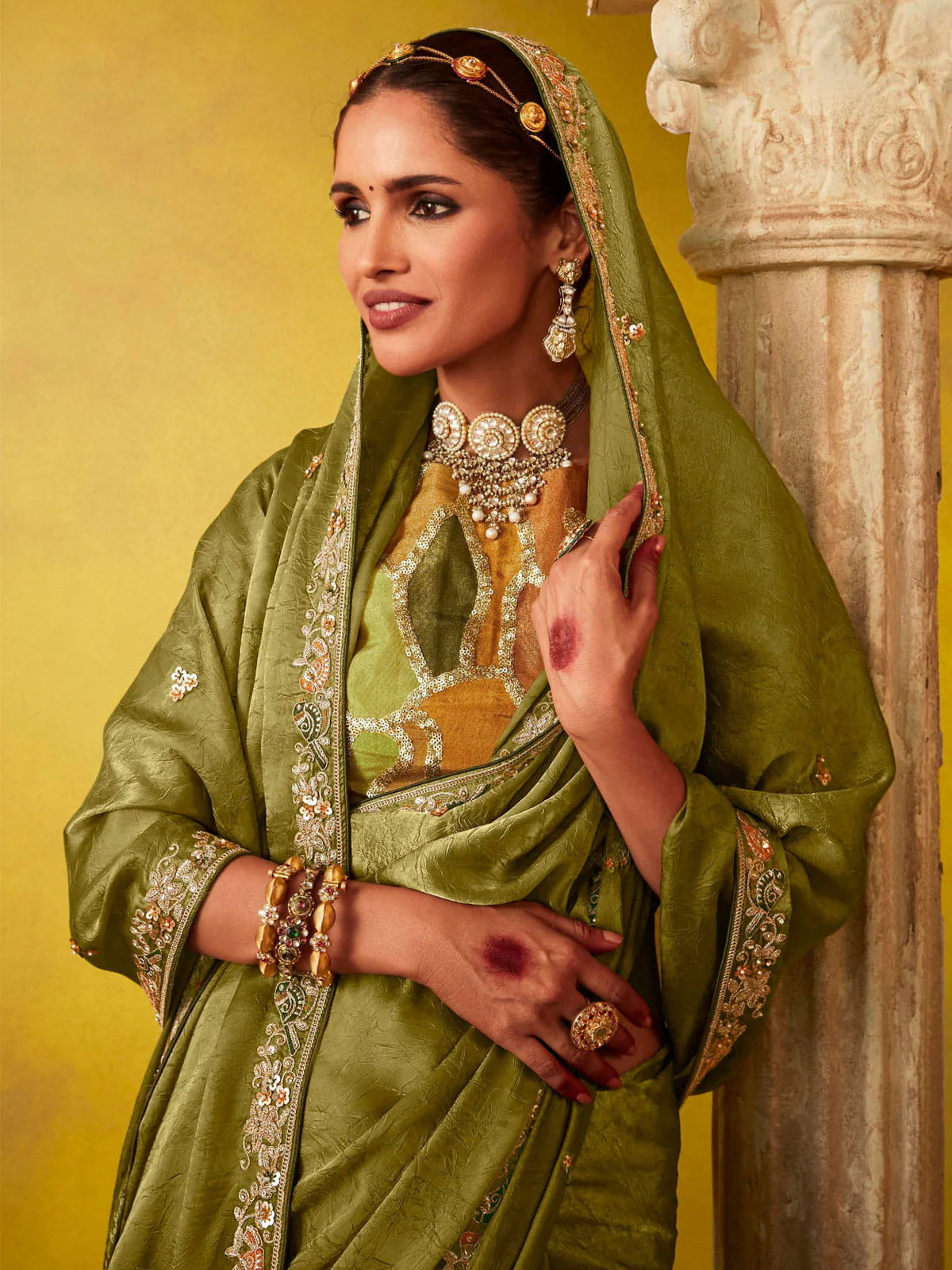 Olive Green And Mustard Multi Embroidery Silk Saree